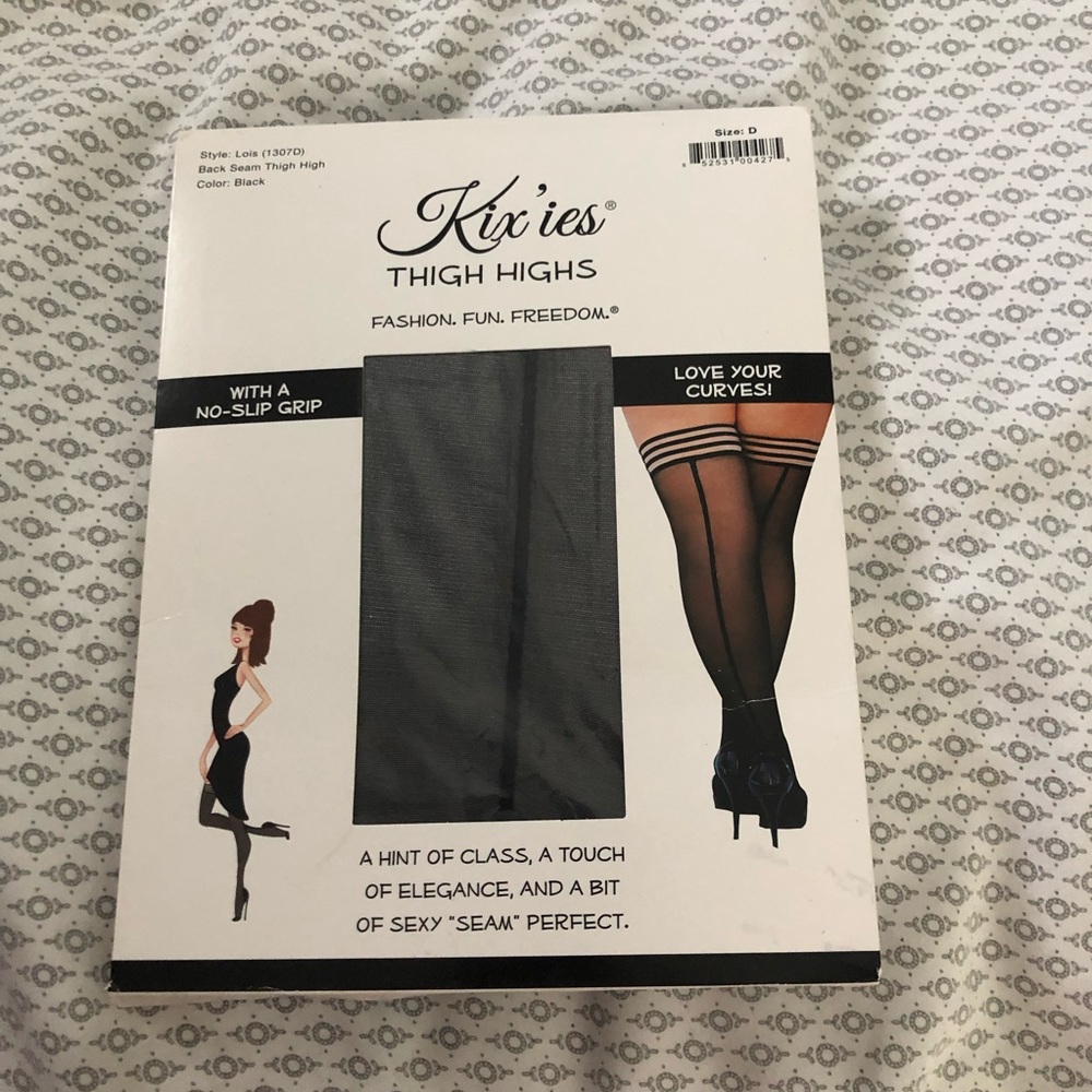 Kix’ies thigh high black seamed tights. Size D.